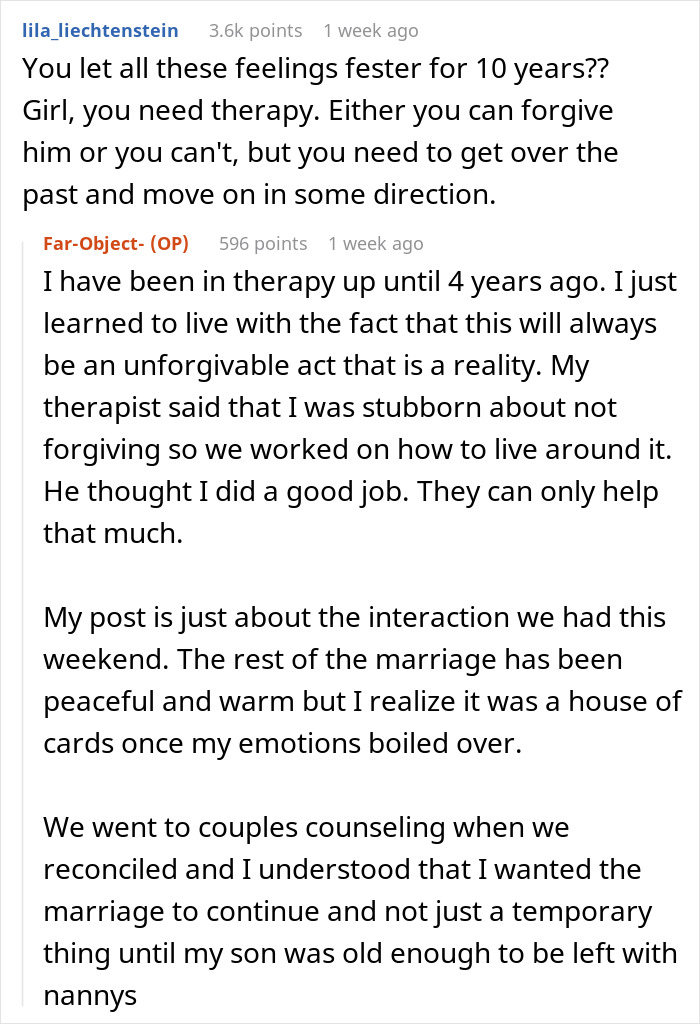 Online discussion about a heartbroken woman revealing her husband's affair from 10 years ago that still haunts her emotionally.