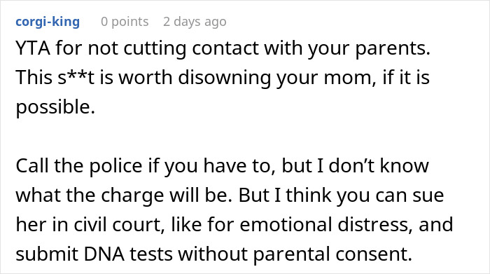 Comment discussing the consequences of a nosy mother using ancestry tests and causing emotional distress to family members. Comment discussing the consequences of a nosy mother using ancestry tests and causing emotional distress to family members.