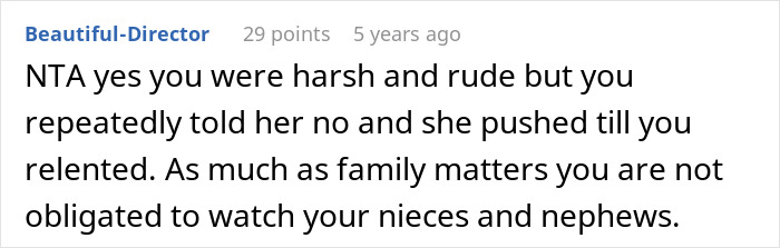 Comment discussing family emergency involving kicking out sister&rsquo;s kids and setting boundaries in a family conflict.