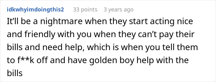 Screenshot of a forum comment discussing golden child losing parents money and crypto struggles in family finances.