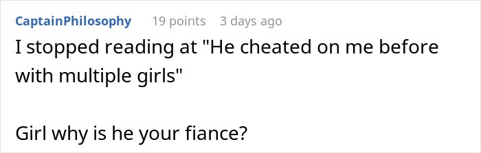 Screenshot of a Reddit comment questioning why a fianc&eacute;e stays with a serial cheater caught with another woman&rsquo;s hair.