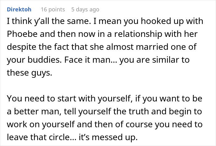 Comment discussing a guy discovering his ex-wife cheated with his best man and fearing he targets his girlfriend too.