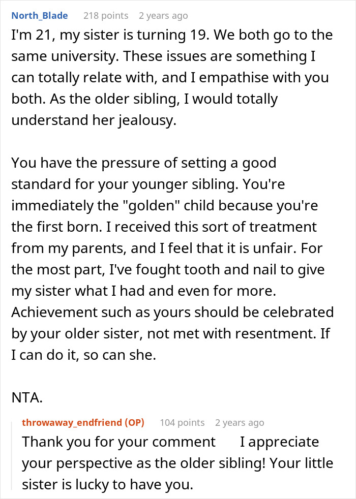 Reddit comment discussing golden child struggles after sister gets into dream college, sharing empathy and advice.