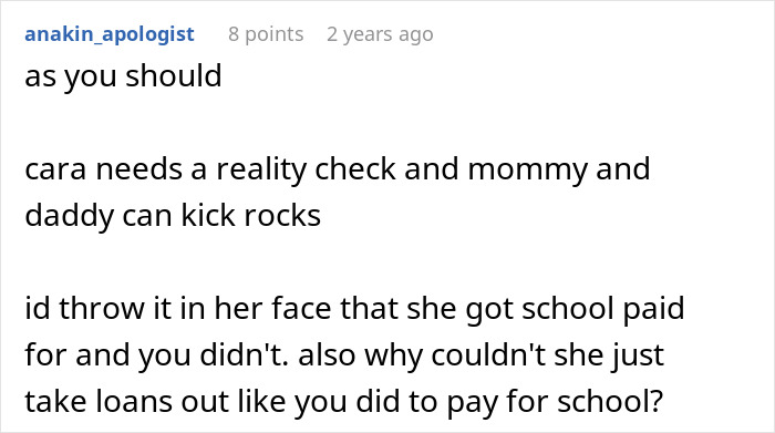 Comment discussing a golden child getting a reality check after seeing sister get into the college of her dreams.