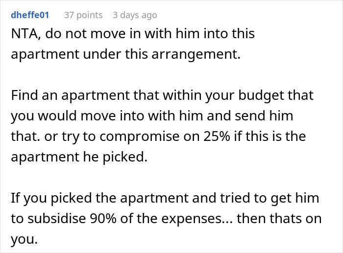 Comment advising against moving in with rich boyfriend demanding equal split rent, suggesting finding affordable apartment or compromise.