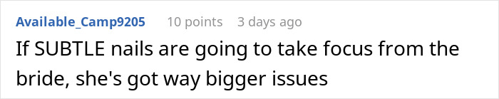 Bridesmaid doing her nails before a wedding while the bride reacts upset and self-conscious about the situation