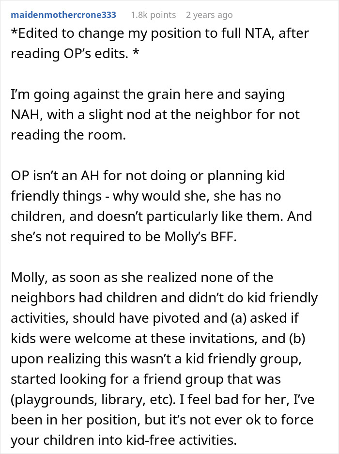 Reddit comment discussing mom of 4 disrupting group activities by bringing kids, neighbor upset and stops inviting her.