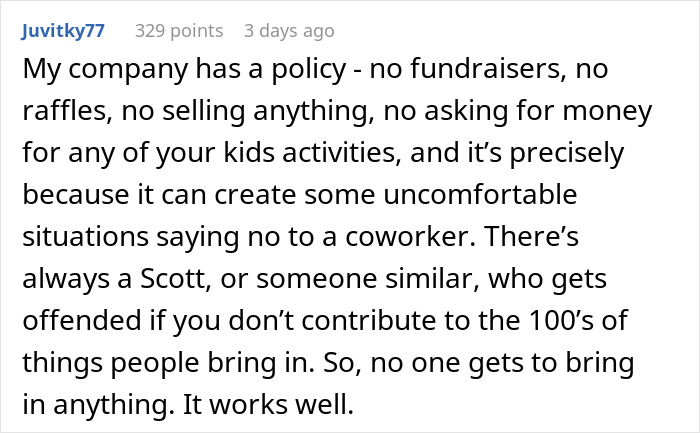 Comment discussing company policy on no fundraisers or selling to avoid uncomfortable coworker situations and scams.