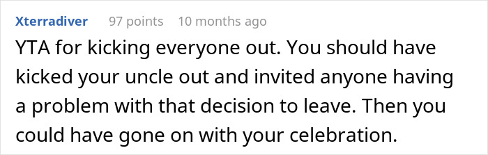 Text comment in black font on white background discussing kicking everyone out but suggesting to only kick conservative uncle out during Thanksgiving dinner conflict.