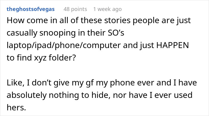 Comment from a user questioning how people find secret folders when snooping on their significant others&rsquo; devices.