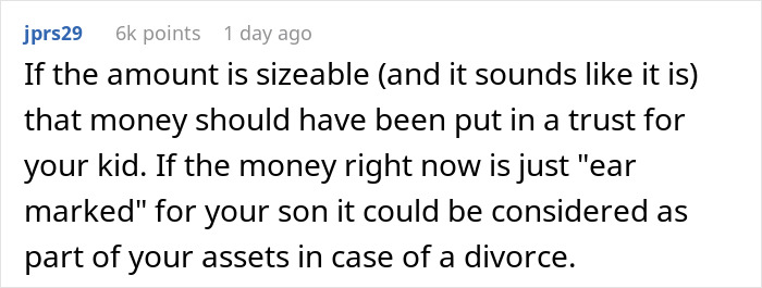 Comment discussing the importance of trust funds and inheritance in family financial disputes involving a stepson.