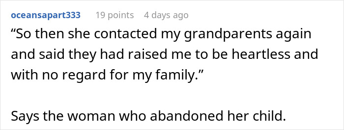 Screenshot of a social media comment where a user calls out a bio mom who abandoned her child. Screenshot of a social media comment where a user calls out a bio mom who abandoned her child.