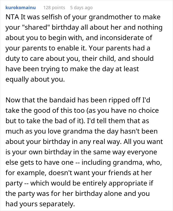 Screenshot of an online comment discussing 17YO vents about having to share a birthday with grandma causing family drama.