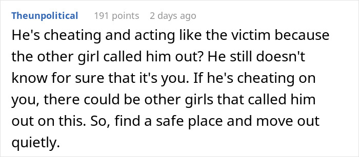 Comment discussing cheating and advice on boyfriend dating relationships, suggesting to find a safe place and move out quietly.