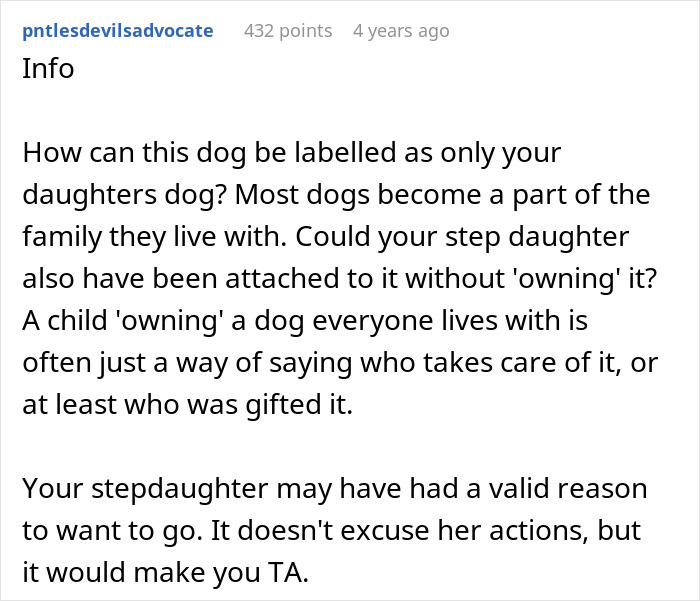Comment discussing a stepdaughter's role and perspective in family drama involving a dog ownership dispute. Comment discussing a stepdaughter's role and perspective in family drama involving a dog ownership dispute.