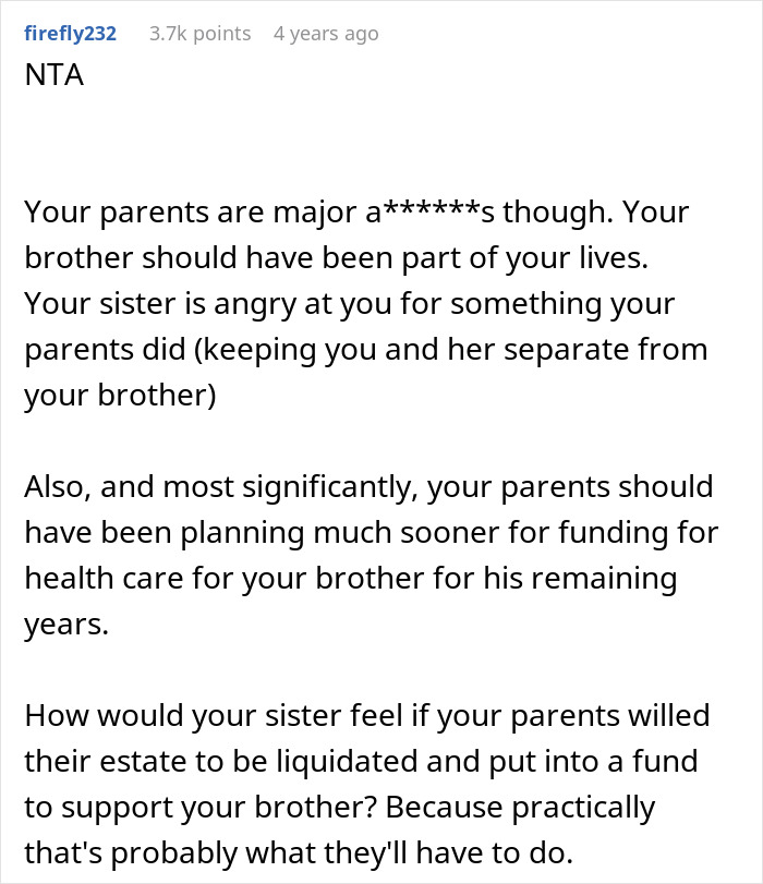 Comment discussing parents urging son to care for disabled brother and sister&rsquo;s anger over his refusal to help.