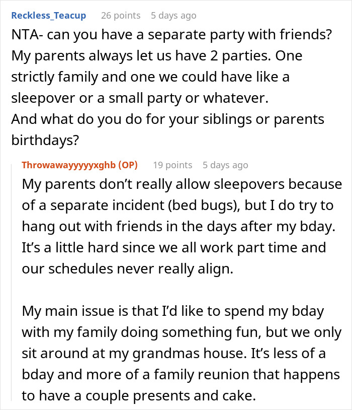 Teen vents frustration about sharing birthday with grandma, sparking drama when aunt overhears family reunion complaints.