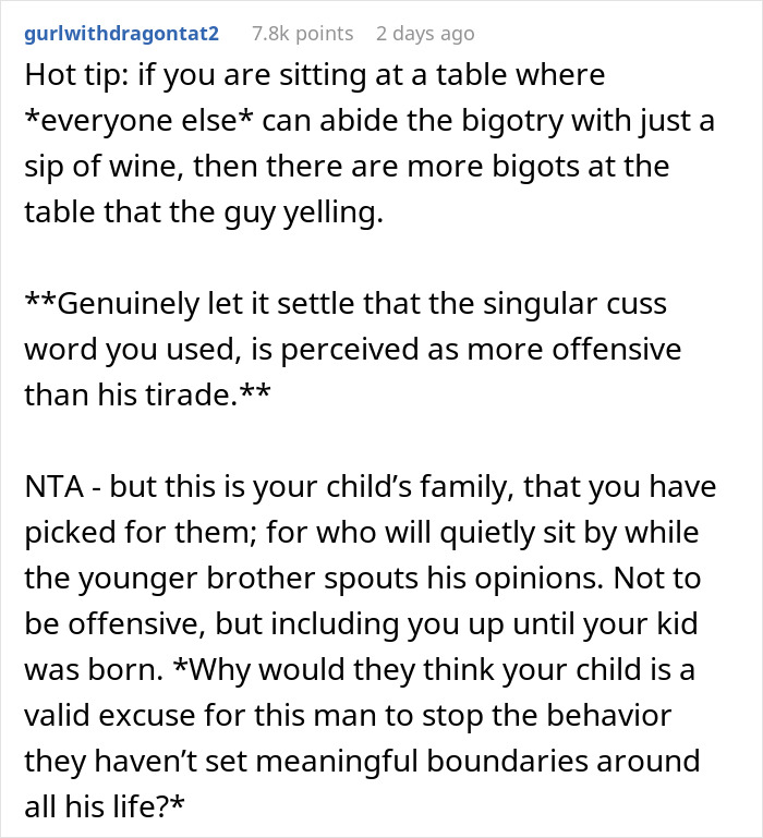 Comment discussing wife&rsquo;s reaction to BIL&rsquo;s racist slurs at dinner and MIL&rsquo;s claim she ruined the evening.