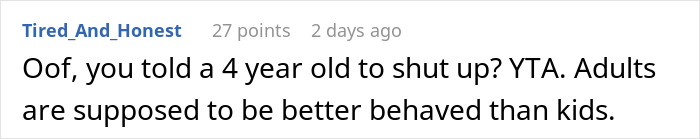 Text comment from user Tired_And_Honest questioning man telling disruptive kid on plane to shut up, sparking controversy with upset mom.