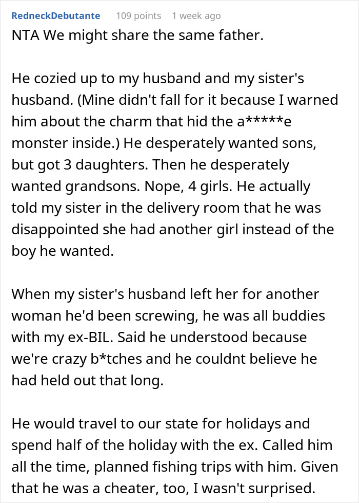 Comment discussing a man siding with his daughter's cheating ex during divorce and calling him the son he always wanted.