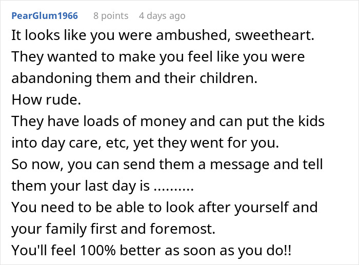 Comment expressing support for daughter-in-law standing up to parents using guilt-tripping over babysitting duties.