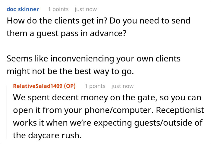 Screenshot of an online discussion about a greedy daycare manager and a guy&rsquo;s car being towed causing parking lot chaos.