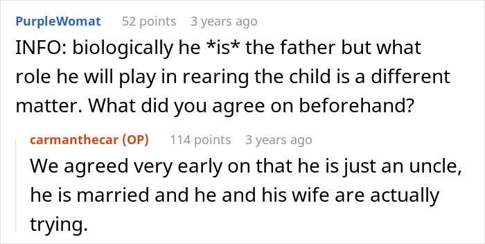 Reddit conversation discussing a guy helping sister-in-law conceive using IVF and fatherhood roles.