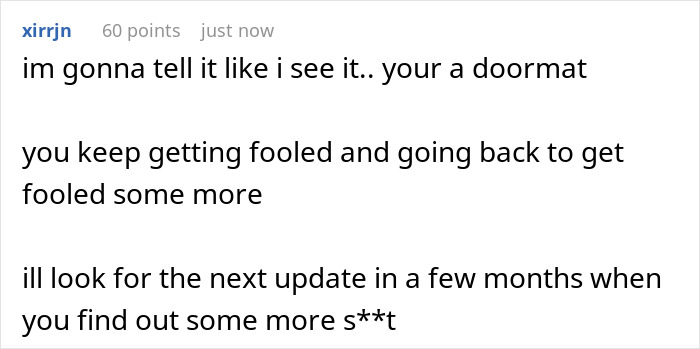 Text comment about a guy discovering his ex-wife cheated with his best man and fearing for his girlfriend.