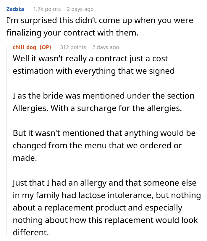 Comments discussing wedding vendors and the bride&rsquo;s allergy causing no cupcakes being provided at the event