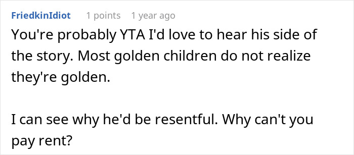Comment on Reddit discussing a woman calling out her brother for being controlling about the golden child label.