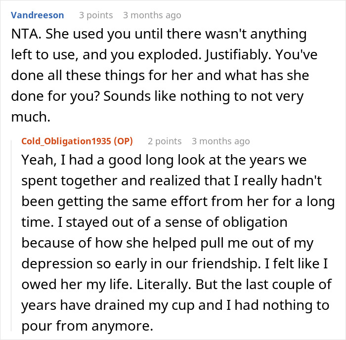 Reddit conversation about a woman ending a 10-year friendship after being the bestie bank for a friend with 5 kids and 4 dads.