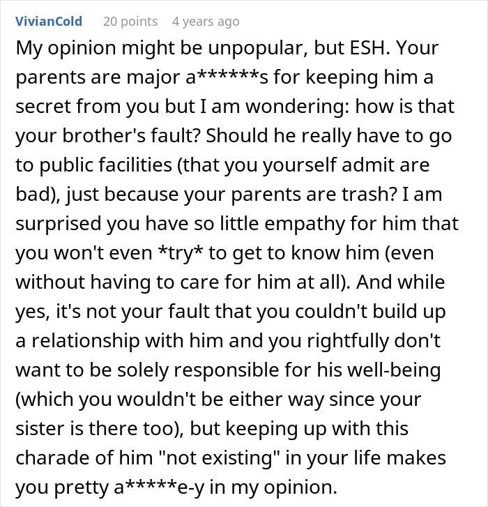 Comment discussing family conflict over son refusing to care for disabled brother after parents gone, causing sister's anger.