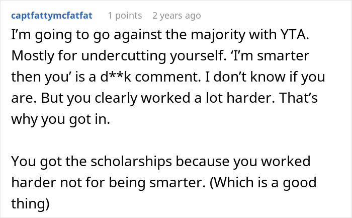 Screenshot of a Reddit comment discussing the golden child&rsquo;s reality check after sister&rsquo;s college acceptance and scholarships.
