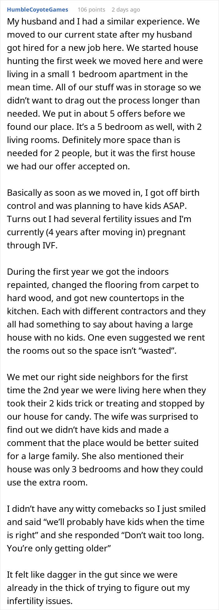 Conversation text showing a couple's experience owning a big home with no kids and dealing with nosy neighbors.