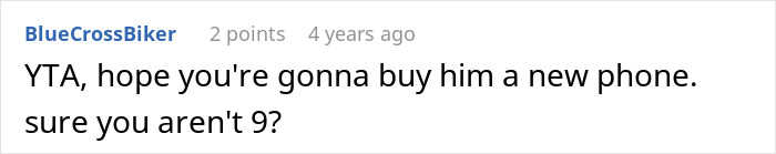 Comment text on a forum about a woman trying to teach her boyfriend empathy and accidentally destroying his phone.
