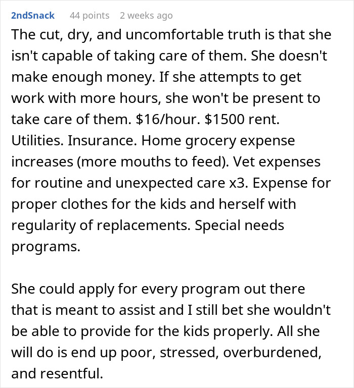 Comment discussing financial and emotional challenges of saving niblings from foster care and rethinking future plans.