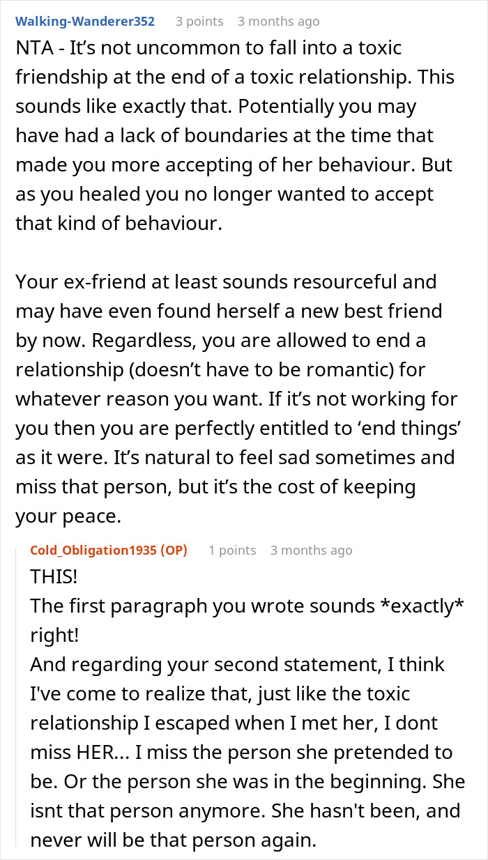 Screenshot of an online forum discussion about ending a toxic friendship with a woman who has multiple kids and dads.