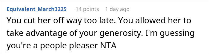 Comment text discussing a woman who trusted a friend who forgot her wallet and later realized she was duped.