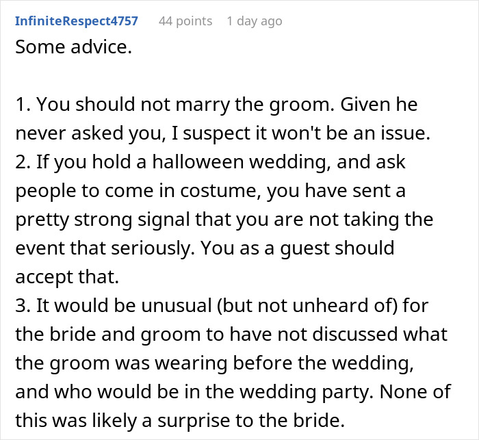 Comment discussing disappointment in the groom and anger toward the bride at a Halloween wedding event.