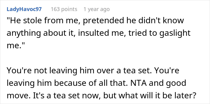 Screenshot of an online comment discussing a man stealing his wife&rsquo;s tea set and causing marriage problems.