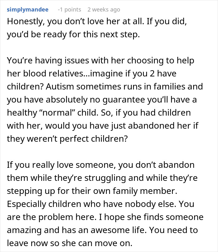 Screenshot of a comment discussing woman saving niblings from foster care and boyfriend rethinking their future.