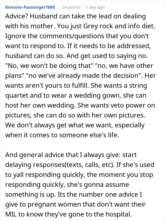 Comment advising husband to set boundaries with MIL trying to be the center of attention during wedding event.