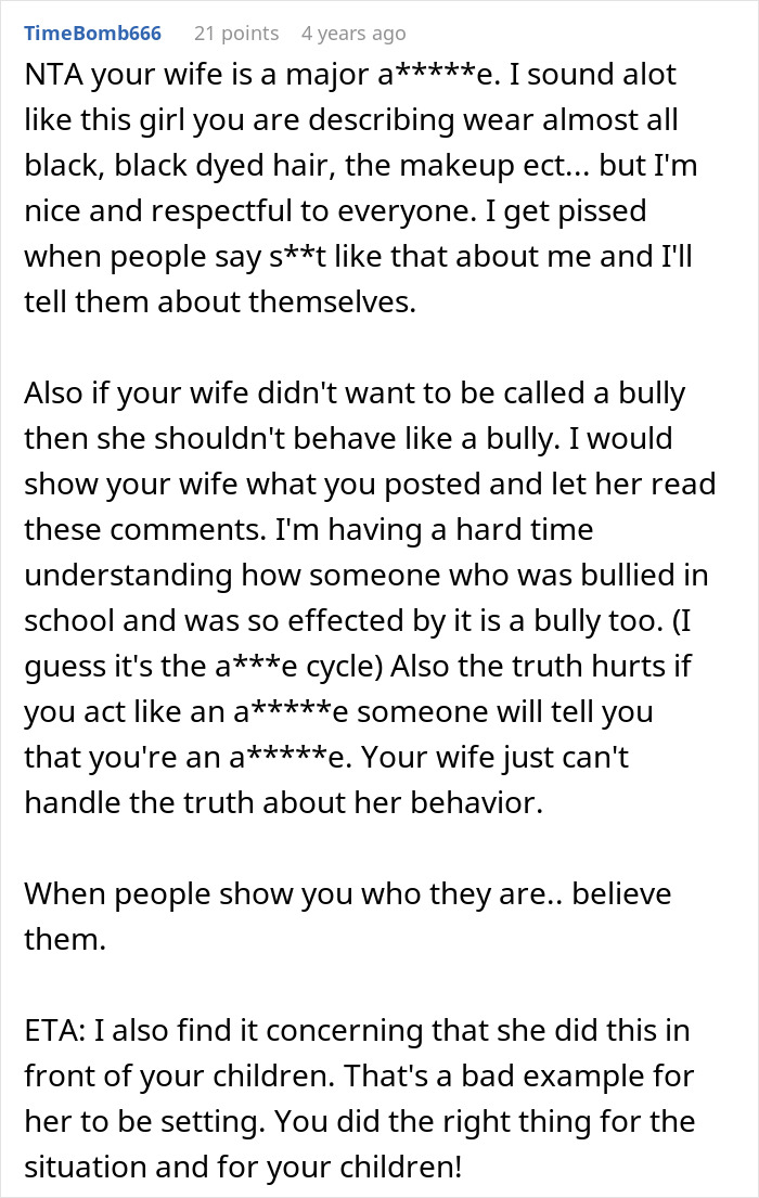 Comment criticizing wife's behavior, discussing bullying and calling out a bully cycle triggering emotional reactions.