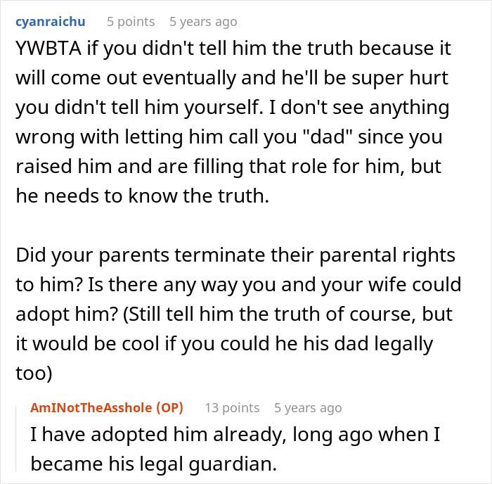 Text conversation about whether a guy should tell his son the harsh truth about his real parents and adoption status.
