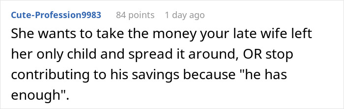 Comment about wife throwing tantrum over husband not revealing stepson's inheritance from late mother on a discussion forum.