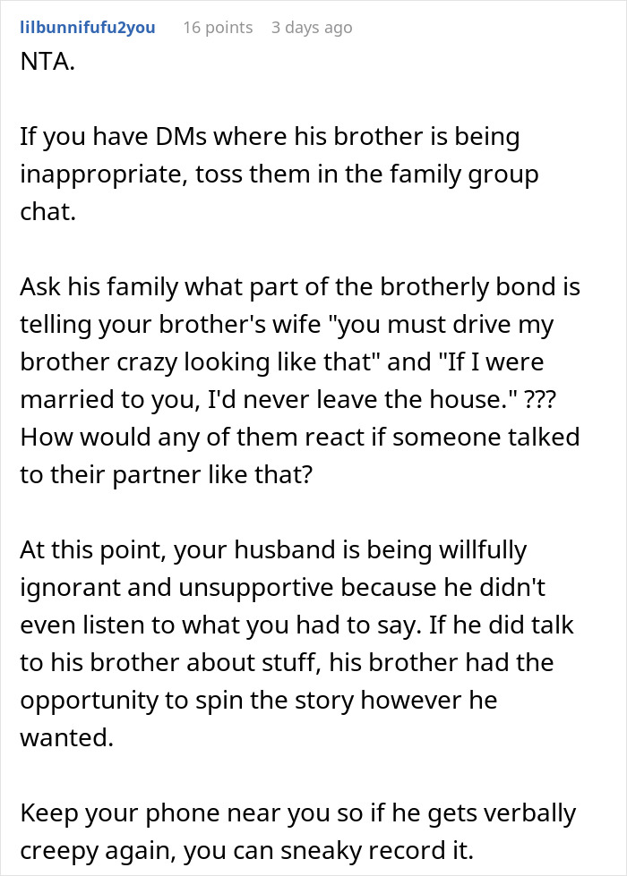 Text post discussing family siding with creepy brother-in-law and wife taking off wedding ring over relationship issues.