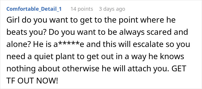 Comment warning about abusive boyfriend behavior, urging to escape before the situation gets worse, mentioning fear and control.