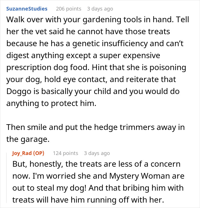Comments discussing an elderly lady allegedly planning to steal a neighbor&rsquo;s doggo, with the owner expressing shock and concern.