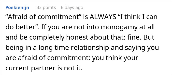 Comment discussing fear of commitment in long term relationships, related to relationship break every year issues.