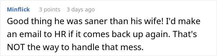 Screenshot of an online comment about coworkers realizing their superior&rsquo;s wife&rsquo;s show was not free as expected.